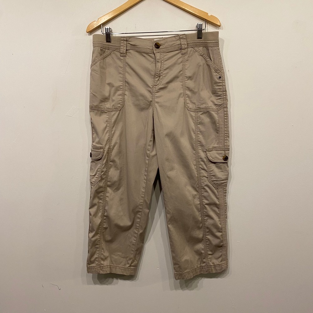 Dash Womens Tan Khaki Cargo Capri Pants Stretch Utility Cropped Trousers Size L